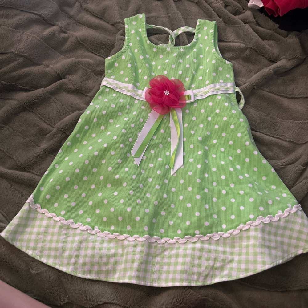 Bonnie Jean Green Polka Dot Dress with Pink Flower